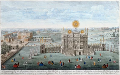 Perspektivische Ansicht der prächtigen Struktur im Green Park für das königliche Feuerwerk, veröffentlicht von Robert Wilkinson, 1749